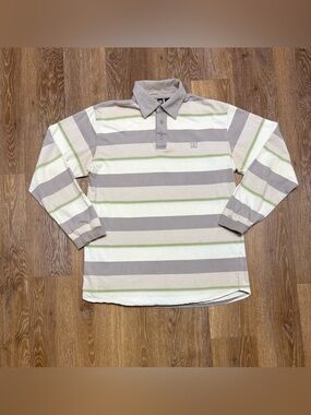 DC Striped Long Sleeve Polo in Cream, Gray & Green Accent